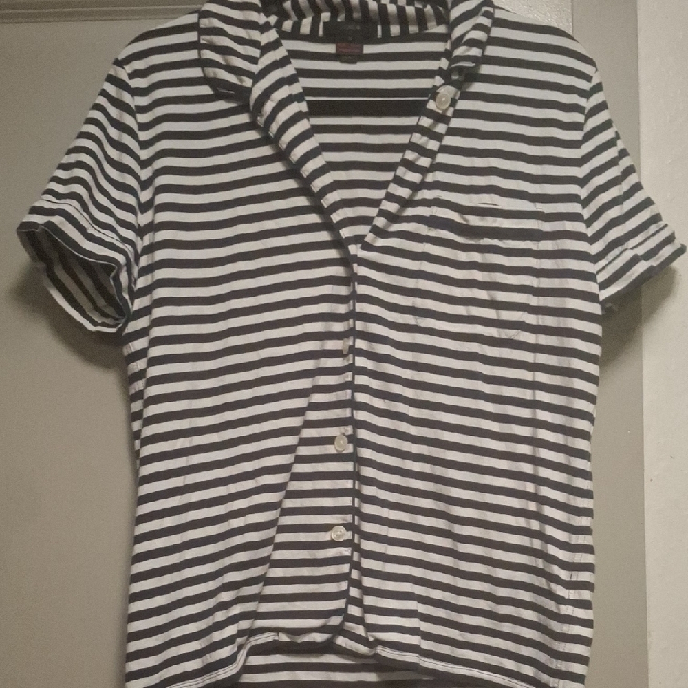 JC CREW Black and White Striped Button Down Shirt with V-Neck